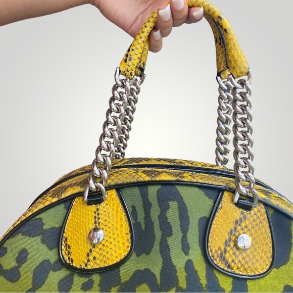 Christian Dior Green Leopard Print and Yellow SnakeSkin Gambler Bag - Picture 8 of 17